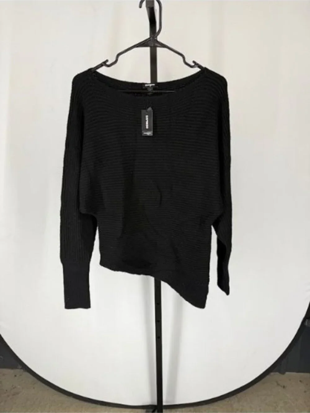 Express Black Ribbed Boat Neck Asymmetrical Sweater